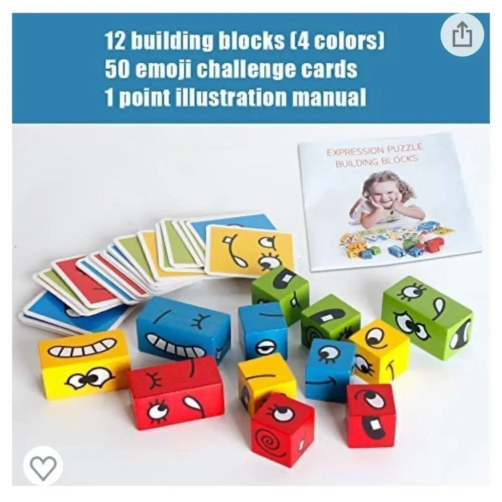 Wooden Expressions Matching Block Puzzles Building Cubes Toy Borad Games Educati